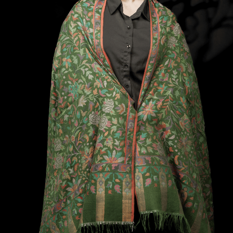 Olive Green Jamawar Kani Pashmina Shawl - Image 4