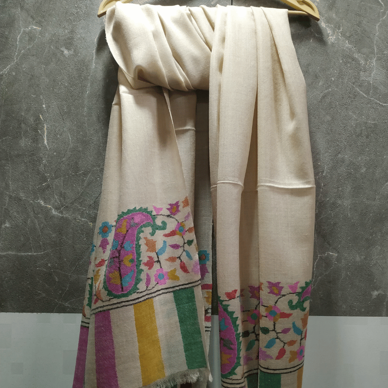 White With Pink Paisley Palla Kani Pashmina Shawl