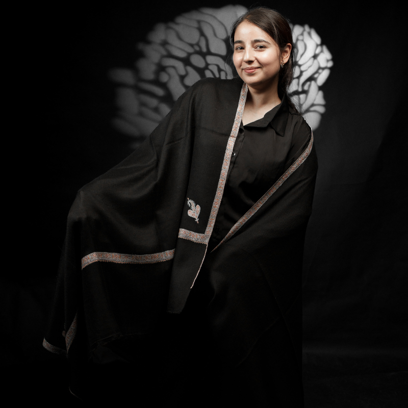 Black Crest Embroidered Border Pashmina Shawl