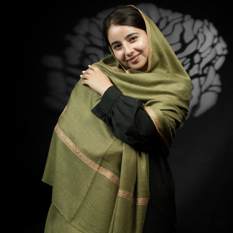 Green Crest Embroidered Border Pashmina Shawl