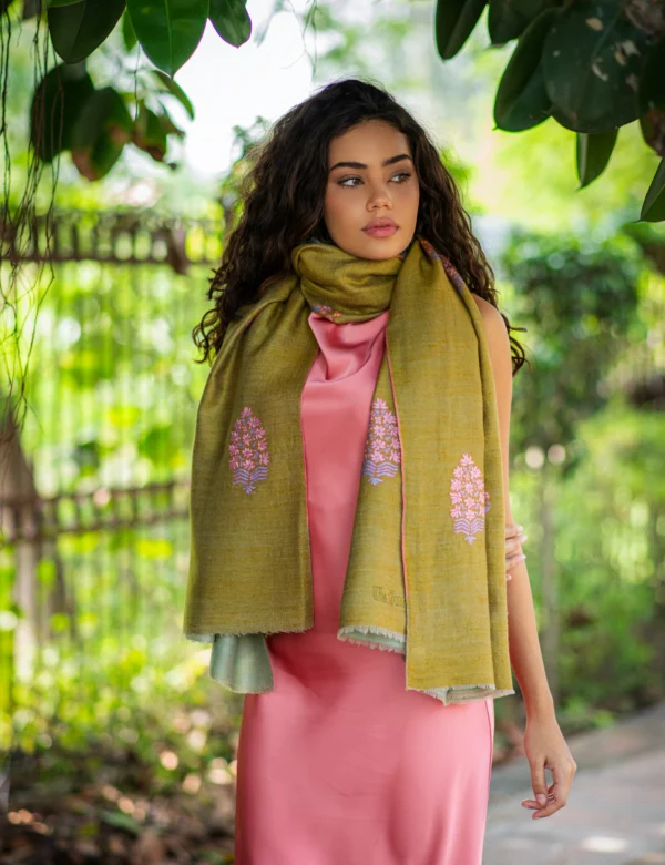 Sea Green and Brown Reversible Shawl with Embroidered Motifs