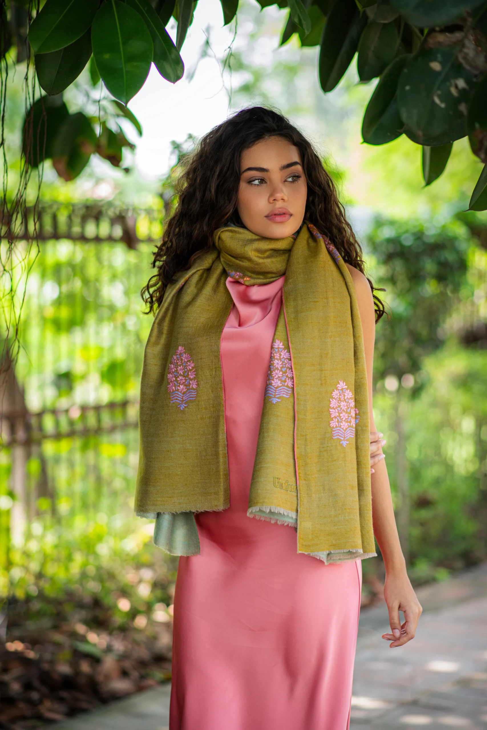 Sea Green and Brown Reversible Shawl with Embroidered Motifs