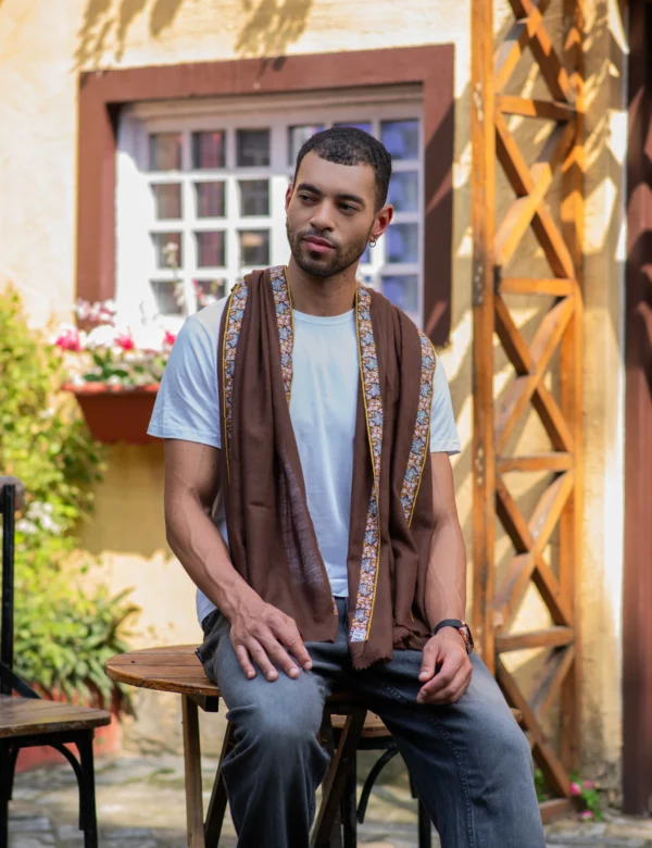 Mocha Brown wrap with hand embrodery on edges