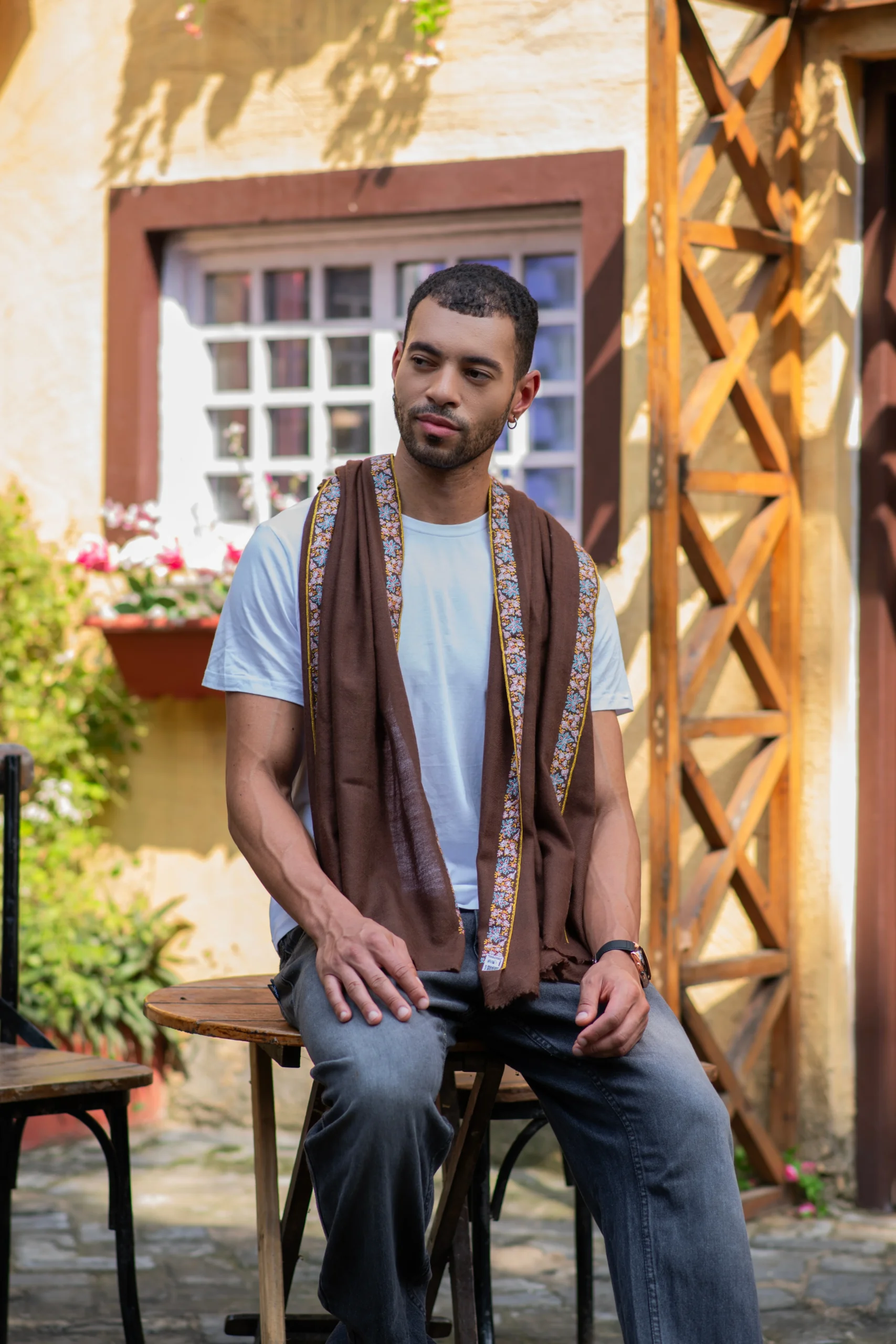 Mocha Brown wrap with hand embrodery on edges