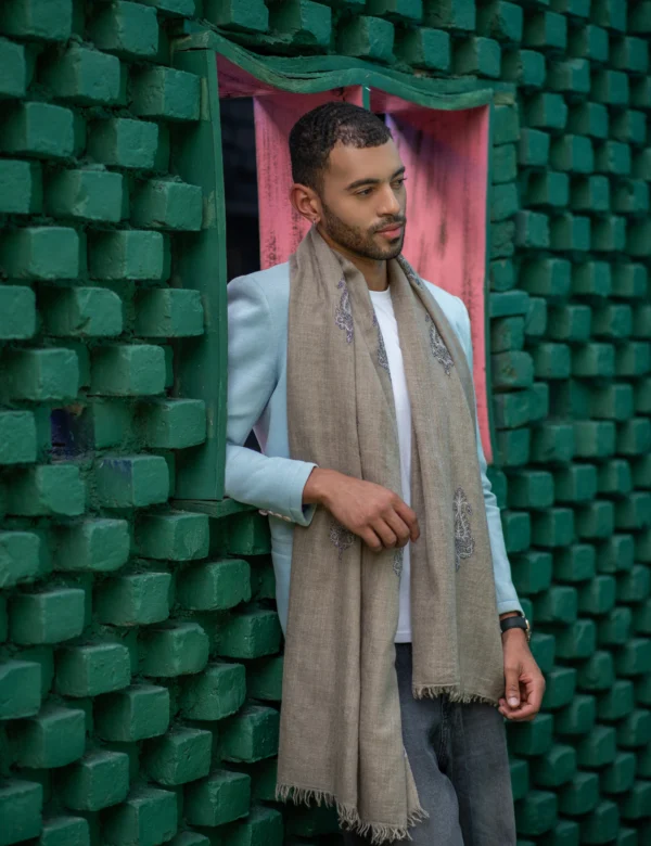 Natural Brown with Embroidered Ivory Palla Pashmina Wrap