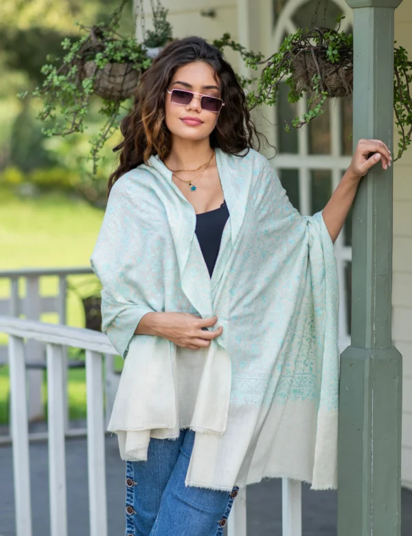 Winter Bloom Jaal Shawl with Mint aqua embroidery on soft ivory base