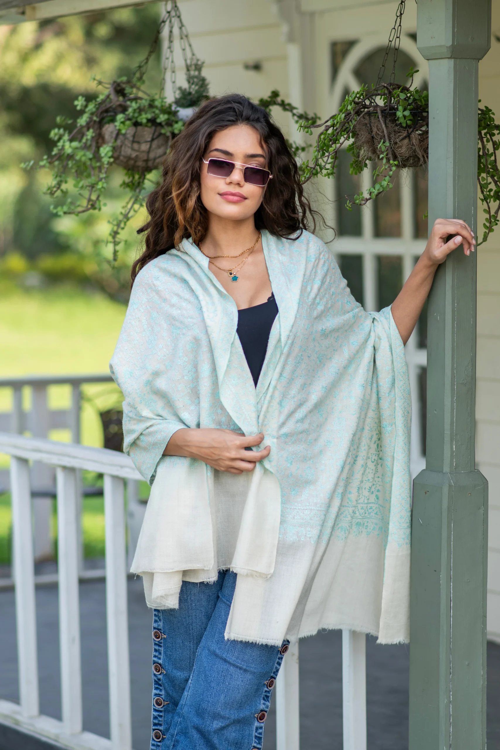 Winter Bloom Jaal Shawl with Mint aqua embroidery on soft ivory base